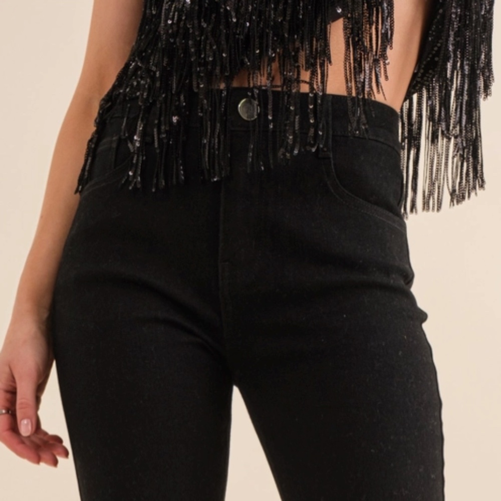 NEW! by Blue B Cotton Stretch Studded Rhinestone Fringe Bell Bottom Jeans Sz SML - Picture 10 of 16